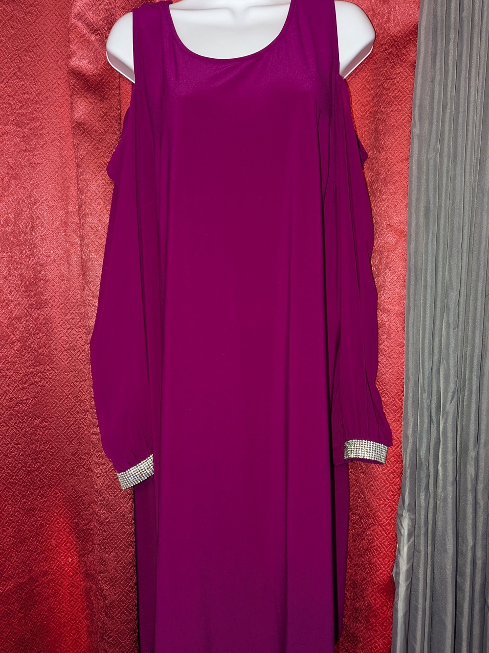 J.B.S. Magenta Cold-Shoulder Long Sleeve Dress with Rhinestone Cuffs